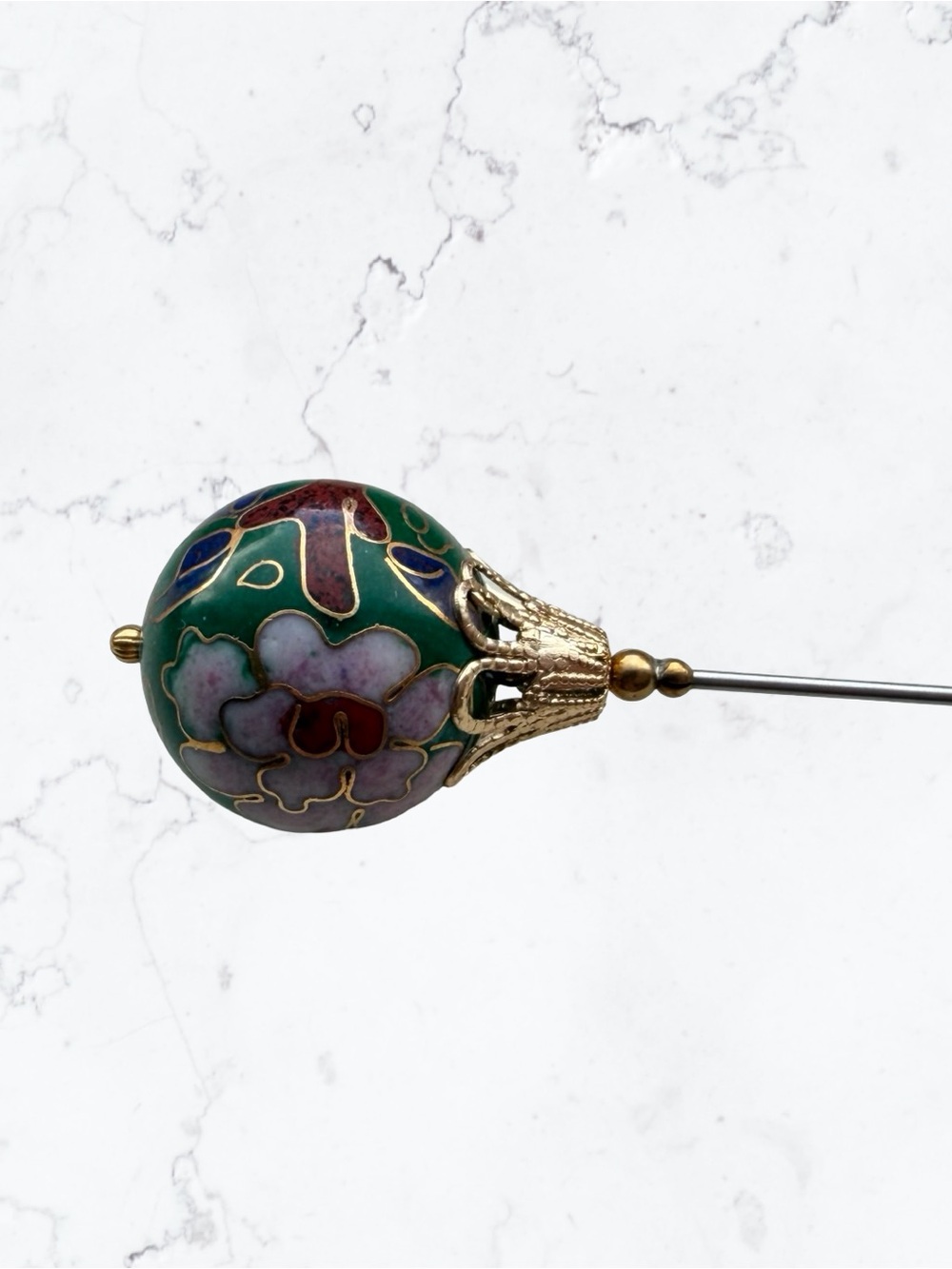 Vintage Chinese Cloisonné Floral Hat Pin Pink Green Enamel Gold Tone - Picture 3 of 9